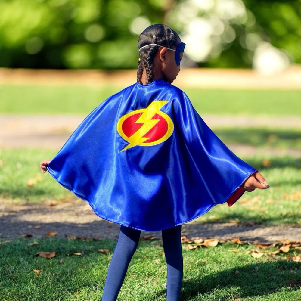 Blue and red kids superhero cape and mask set with lightning bolt